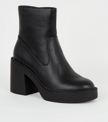 Black Leather-Look Block Heel Platform Boots | New Look