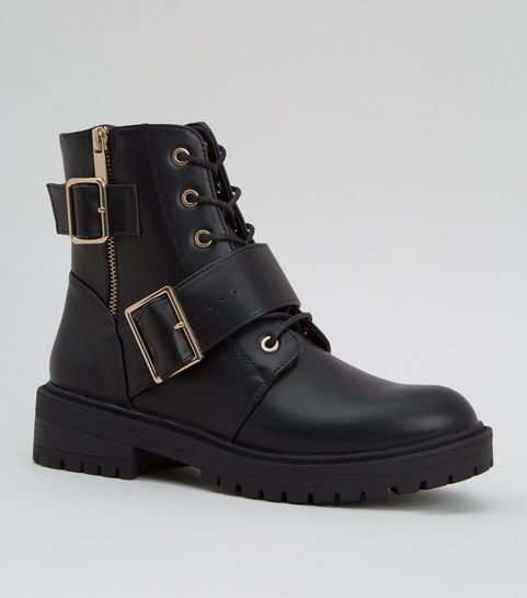 Black Leather-Look Lace Up Buckle Boots