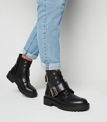 black buckle lace up boots