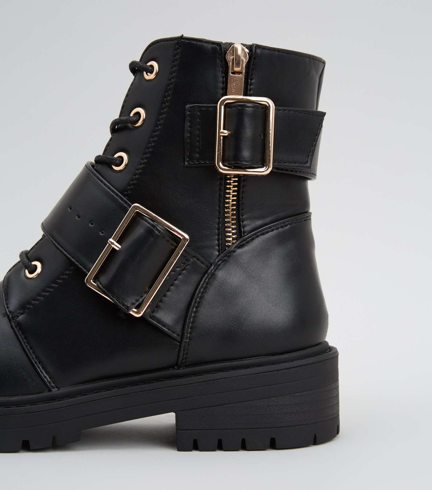 Black Leather-Look Lace Up Buckle Boots Image 3