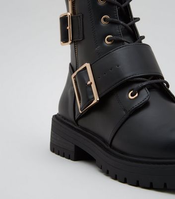 Black Leather-Look Lace Up Buckle Boots 