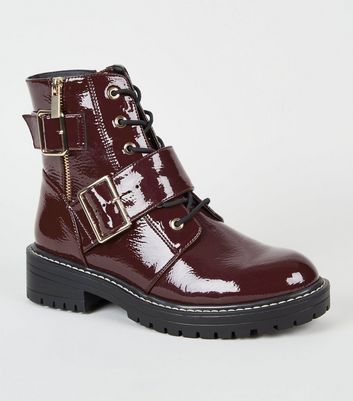 Dark Red Patent Lace Up Buckle Boots New Look