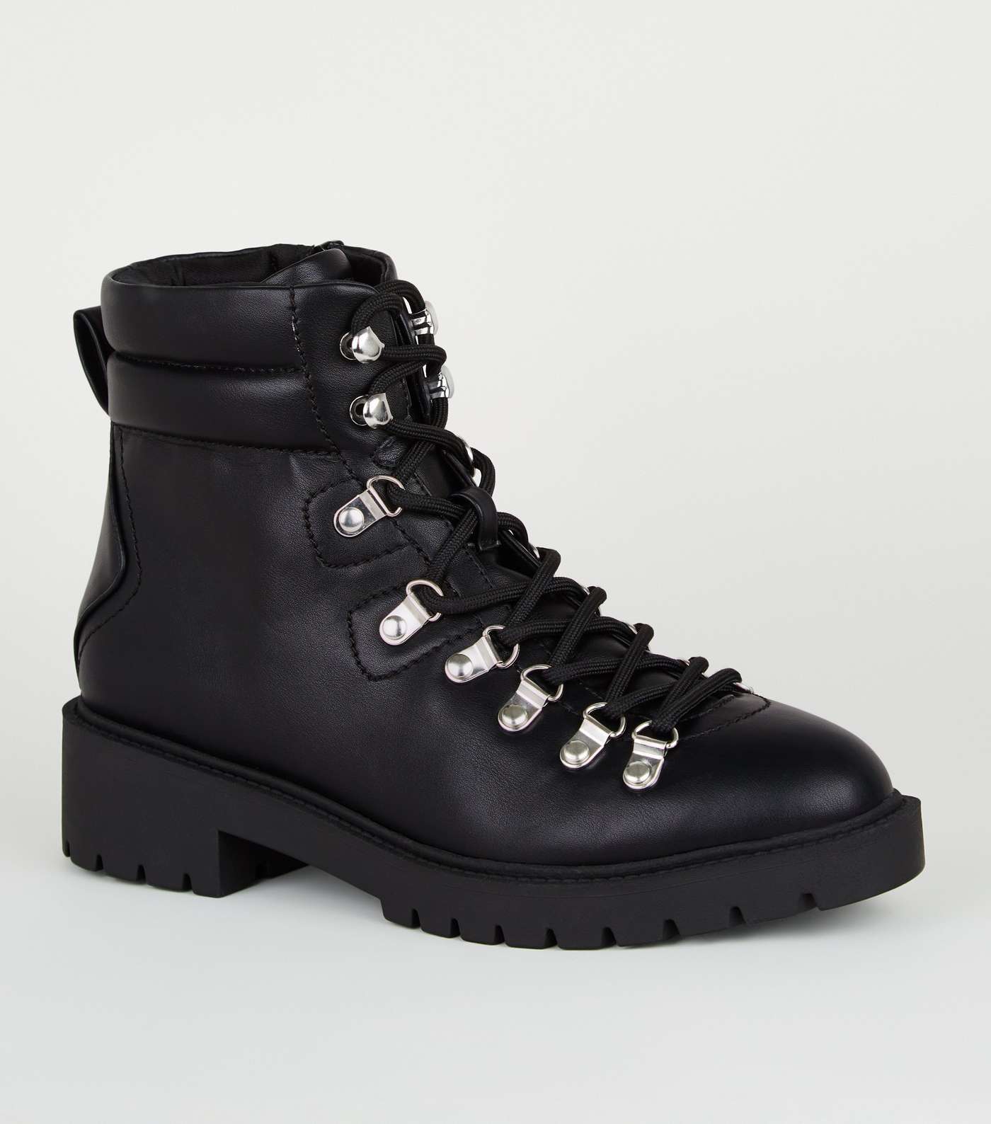 Black Leather-Look Chunky Lace Up Boots