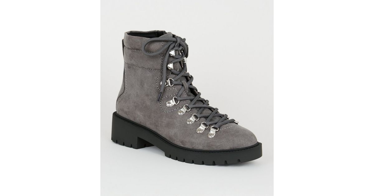 Grey Suedette Lace Up Ankle Boots | New Look