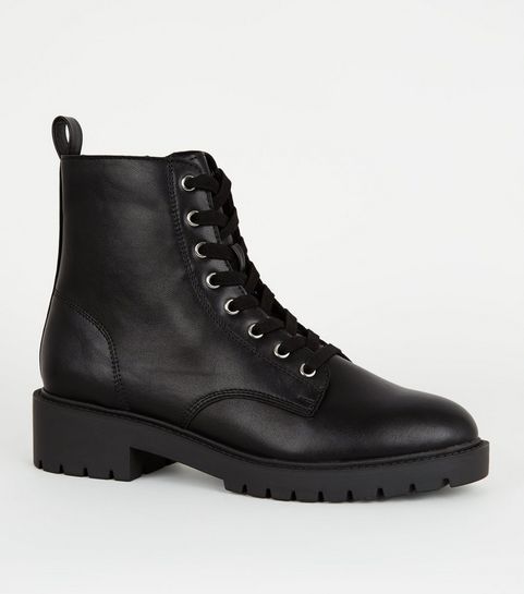 Black Leather-Look Chunky Lace Up Boots