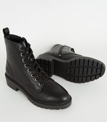 Black Leather-Look Chunky Lace Up Boots 