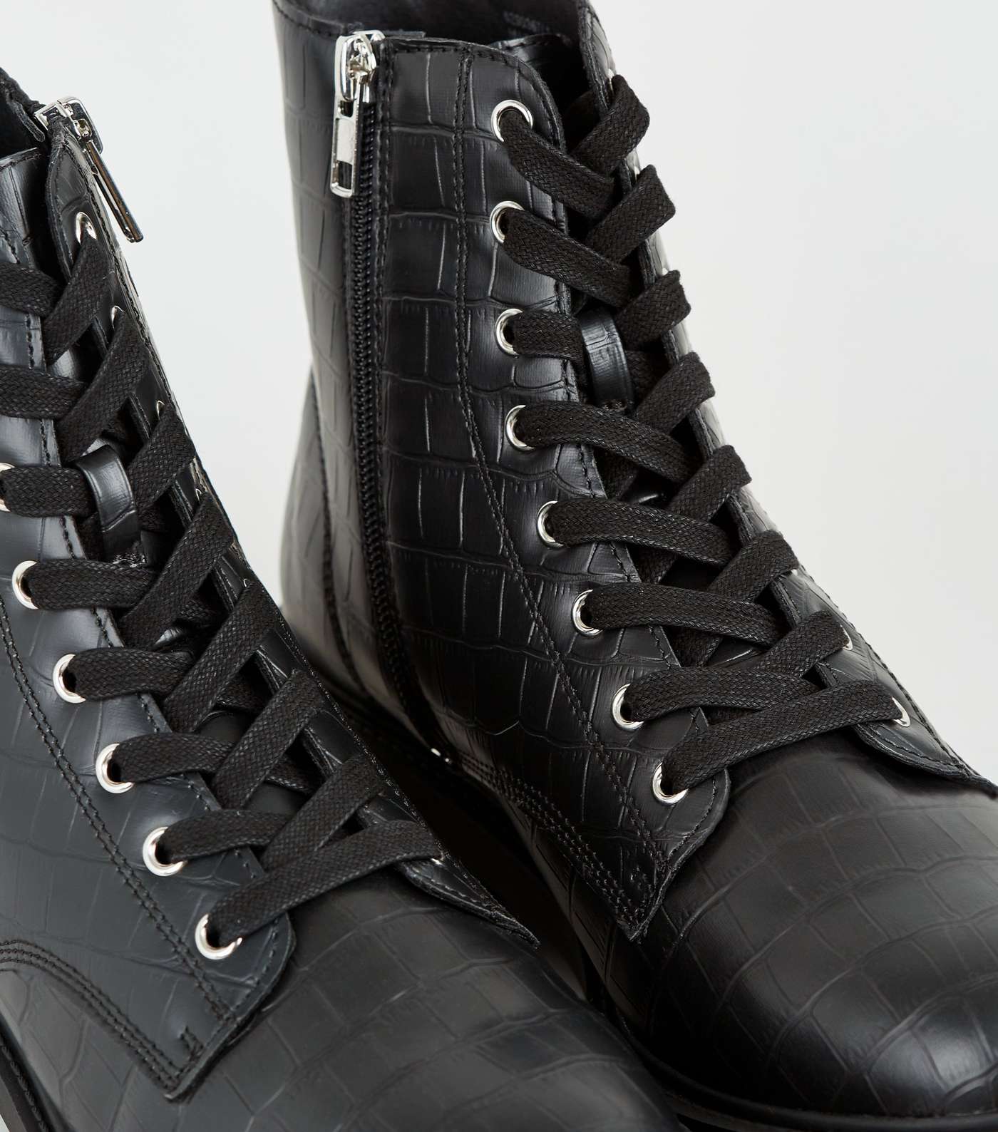 Black Faux Croc Lace Up Ankle Boots Image 4
