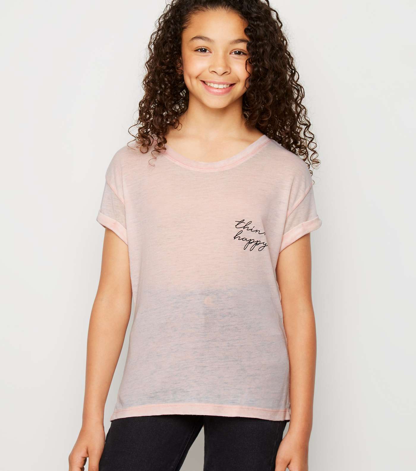 Girls Pale Pink Burnout Think Happy Slogan T-Shirt