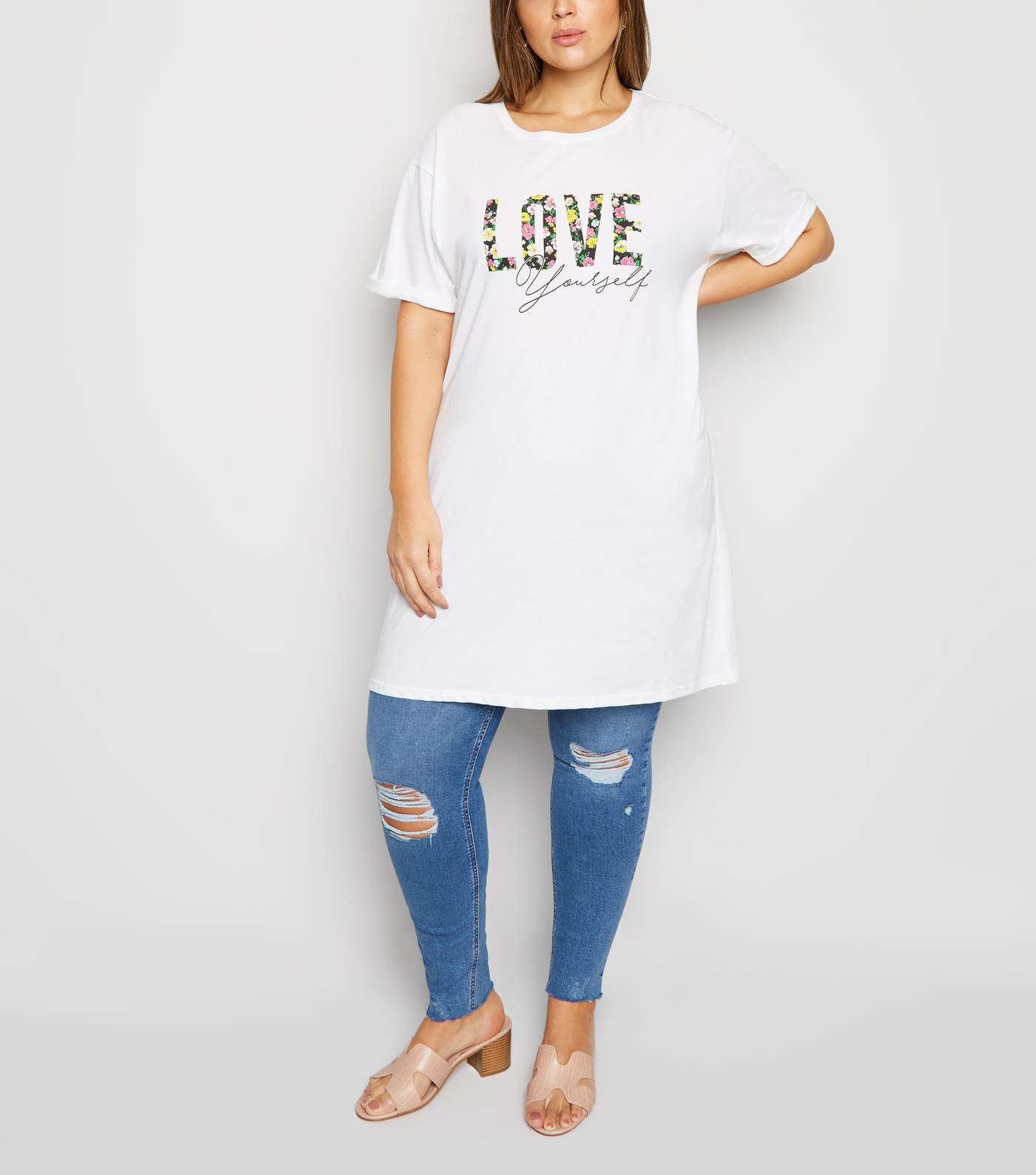 Curves White Slogan Love Longline T-Shirt Image 2