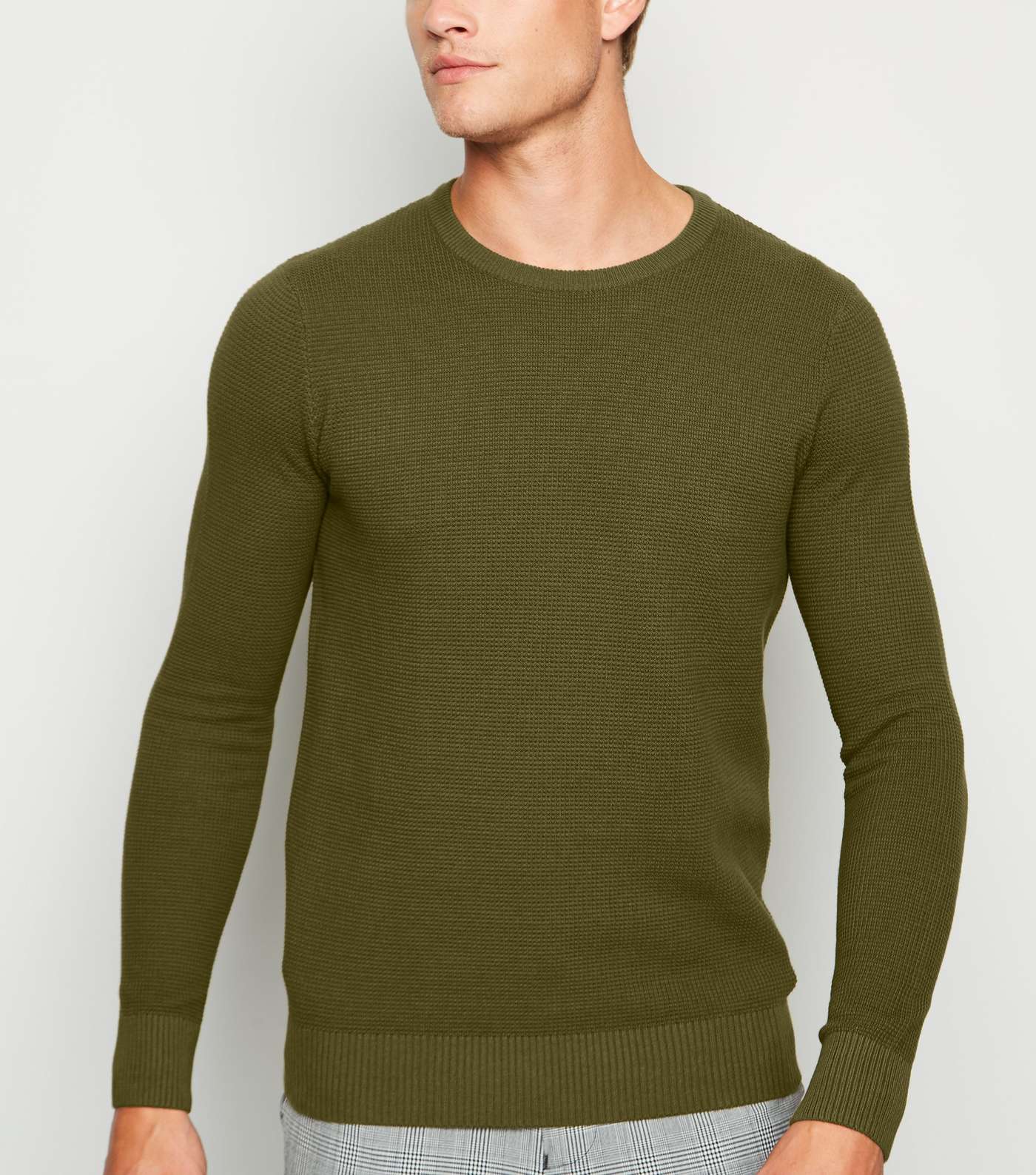 Olive Waffle Knit Muscle Fit Jumper