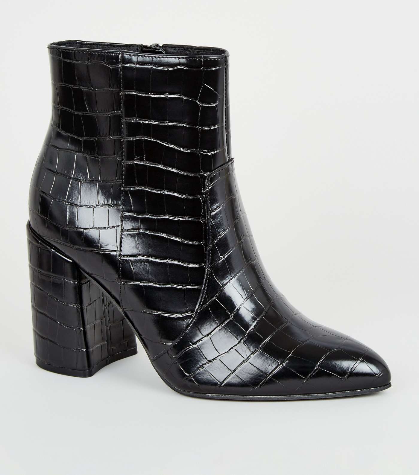 Wide Fit Black Faux Croc Flared Heel Boots