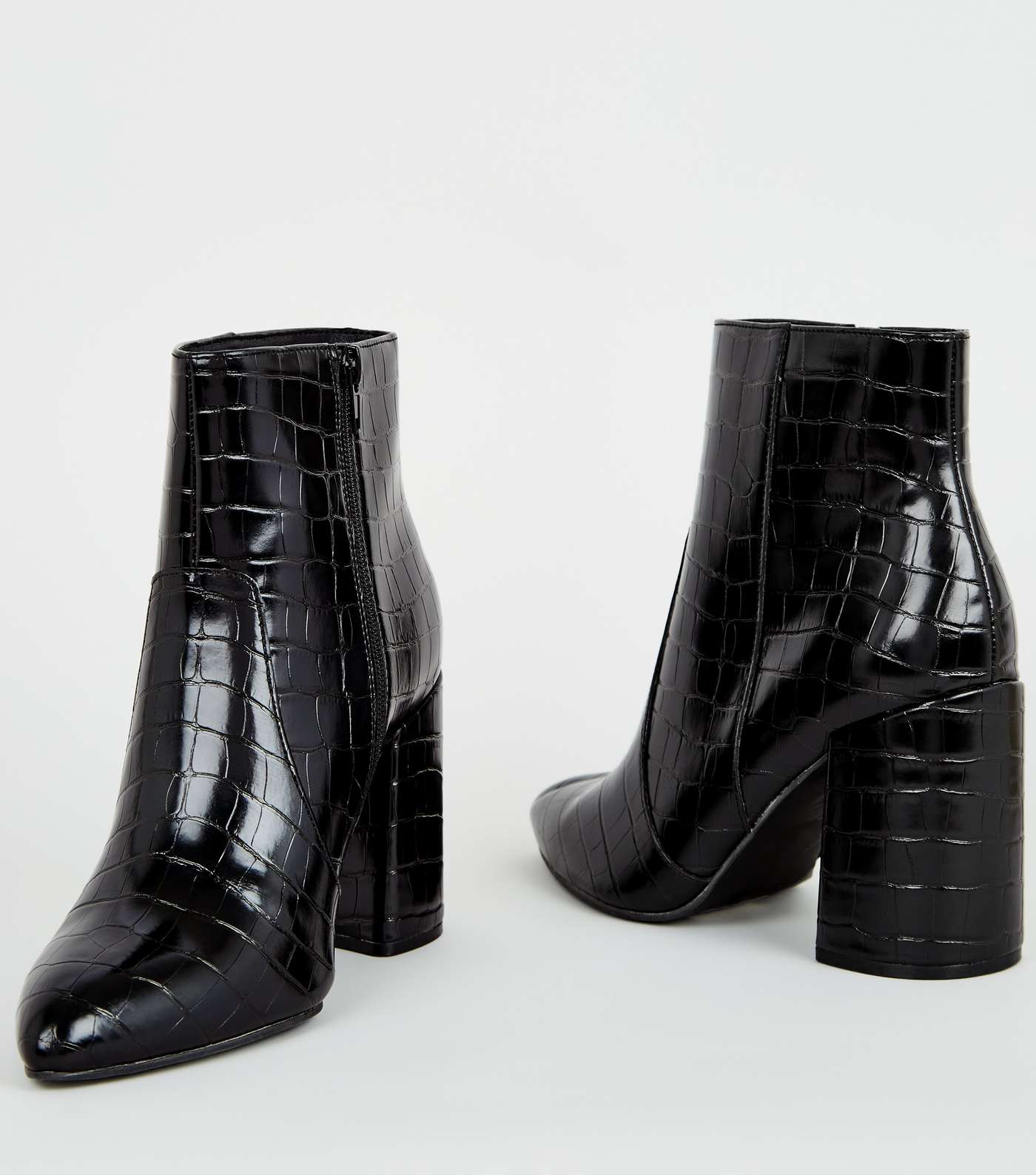 Wide Fit Black Faux Croc Flared Heel Boots Image 3