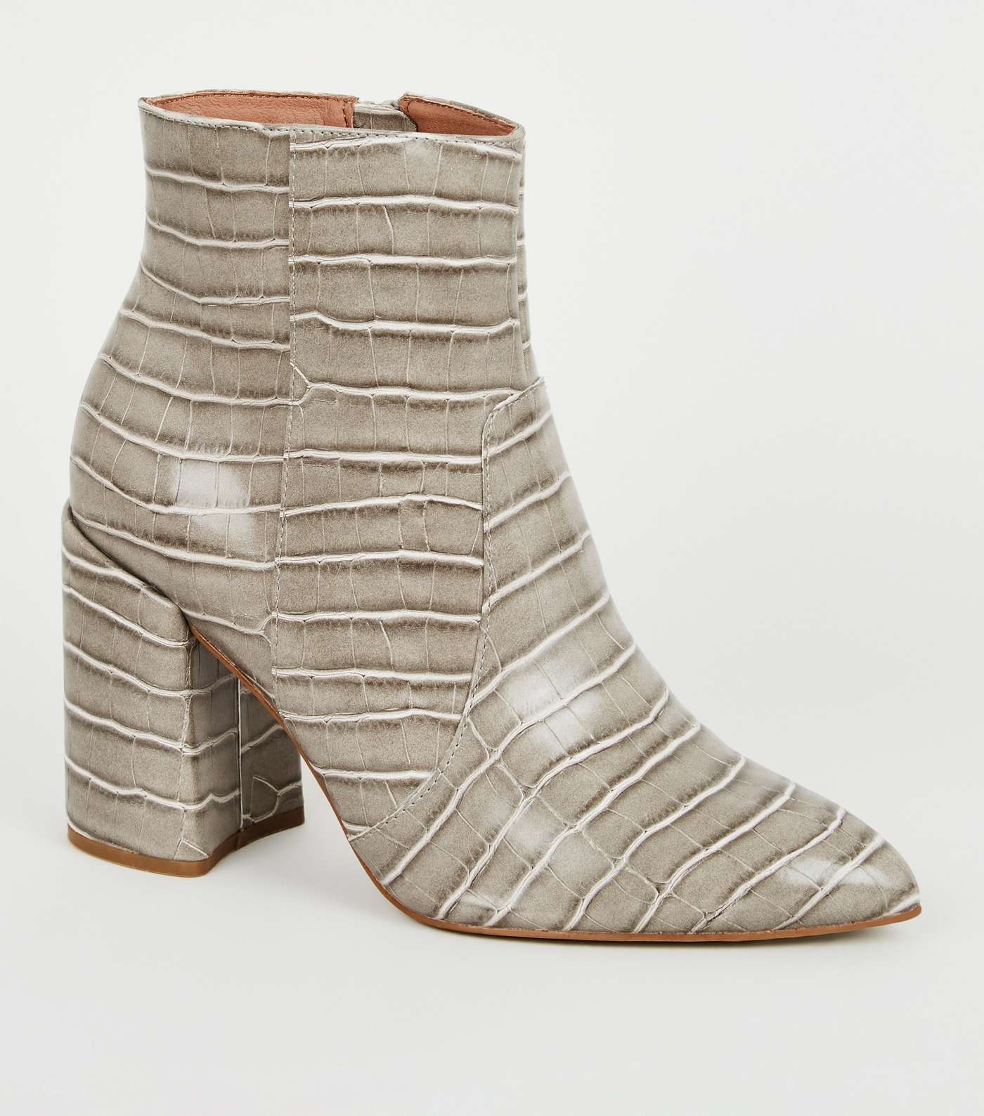 Wide Fit Grey Faux Croc Flared Heel Boots