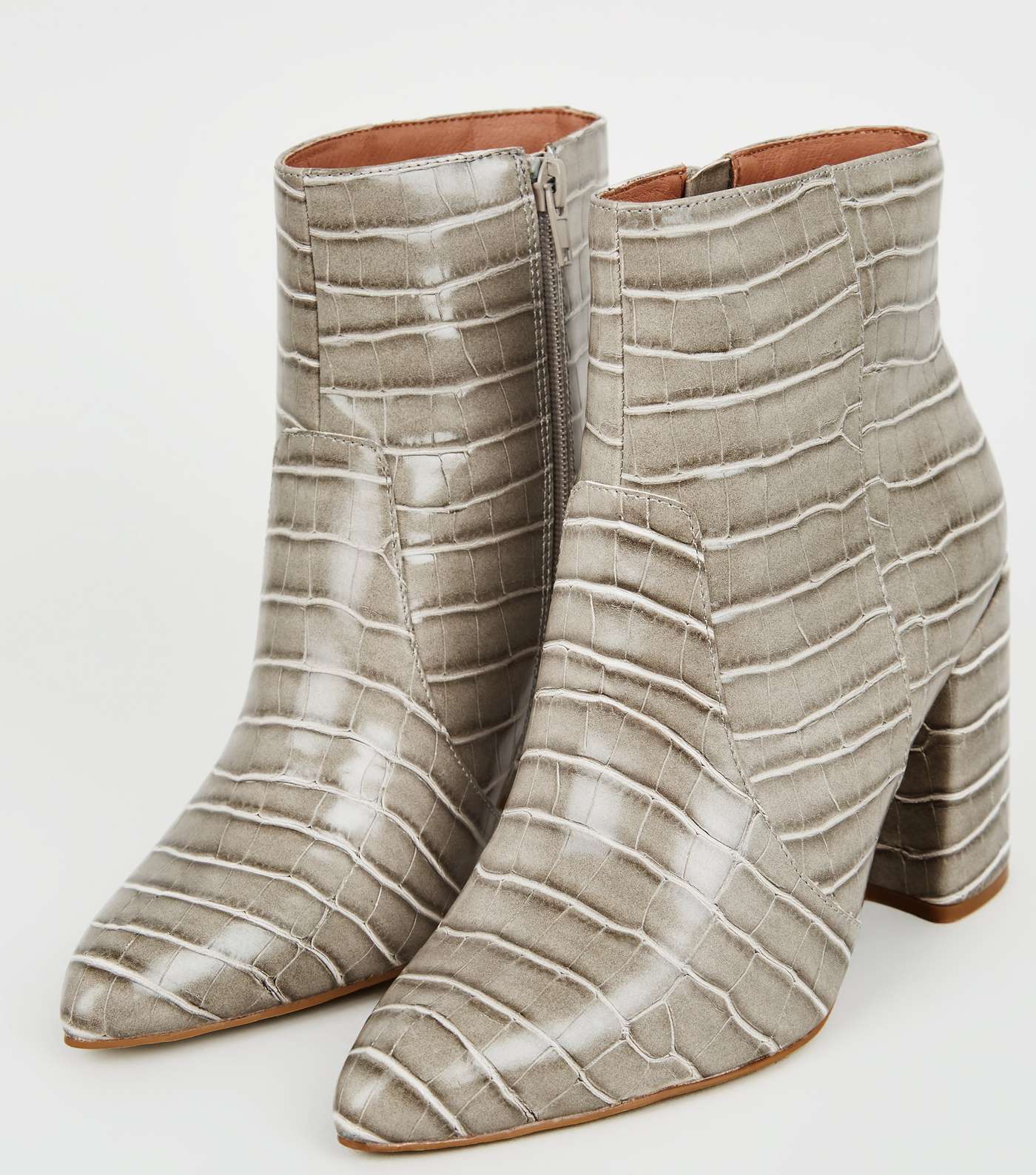 Wide Fit Grey Faux Croc Flared Heel Boots Image 3