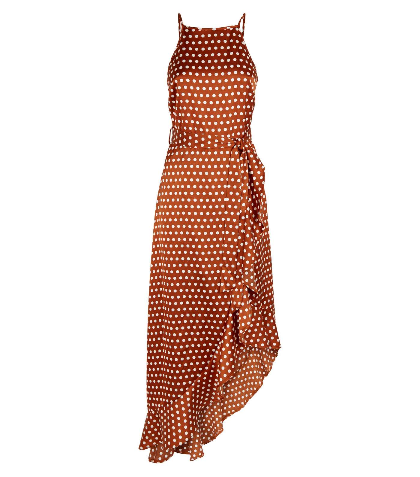 Brown Spot Satin Ruffle Midi Dress Image 4