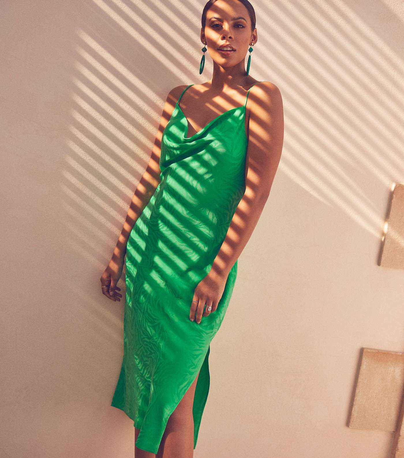 Green Satin Tiger Jacquard Midi Dress