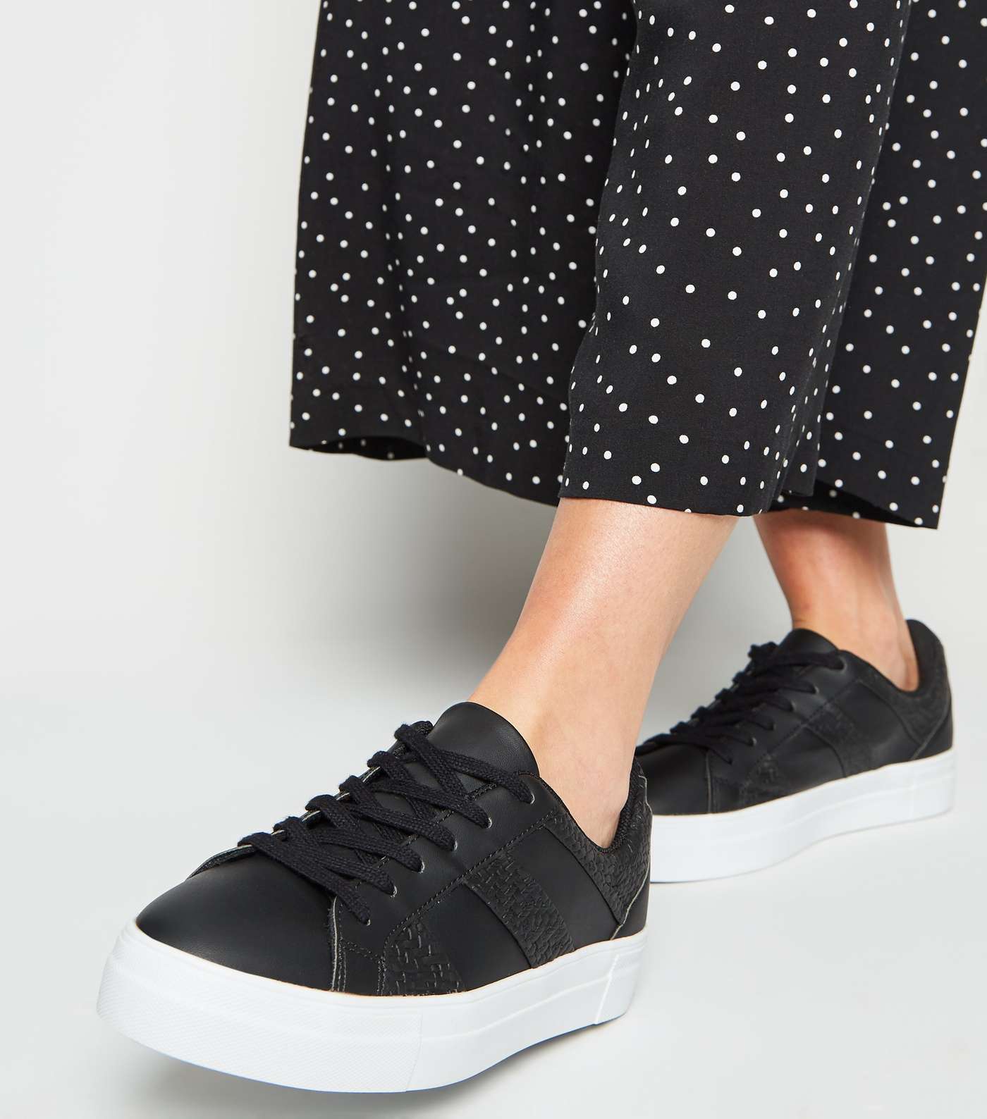 Black Woven Panel Lace Up Trainers Image 2