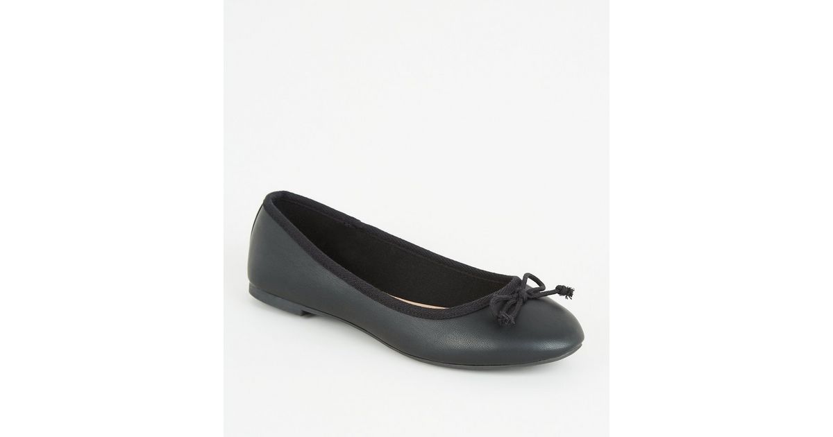 Black LeatherLook Bow Front Ballet Pumps New Look