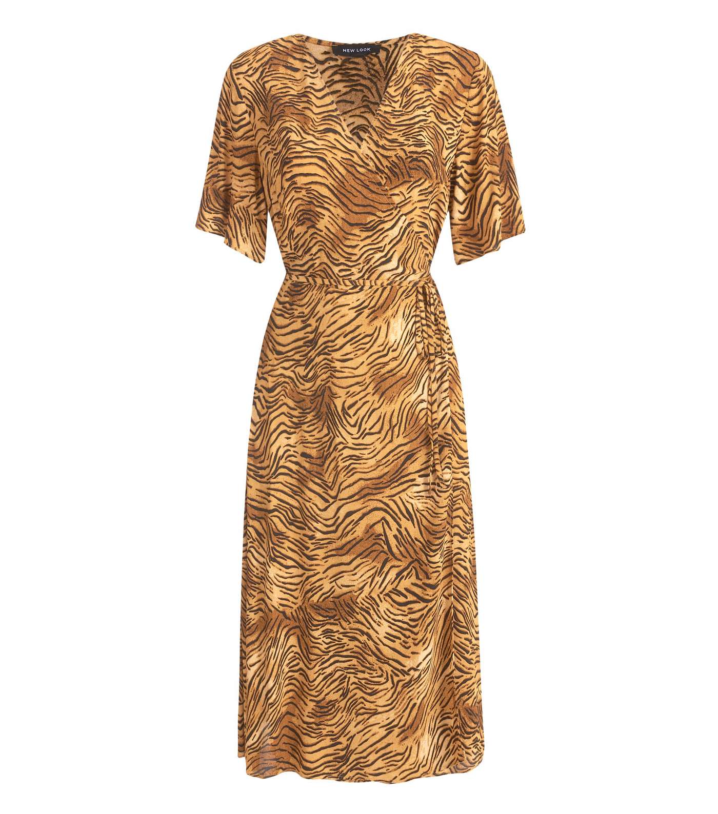Brown Tiger Print Wrap Midi Dress 