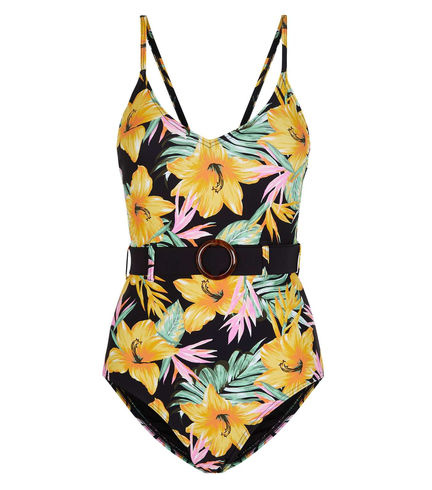 Black Tropical Print Belted Swimsuit Image 2