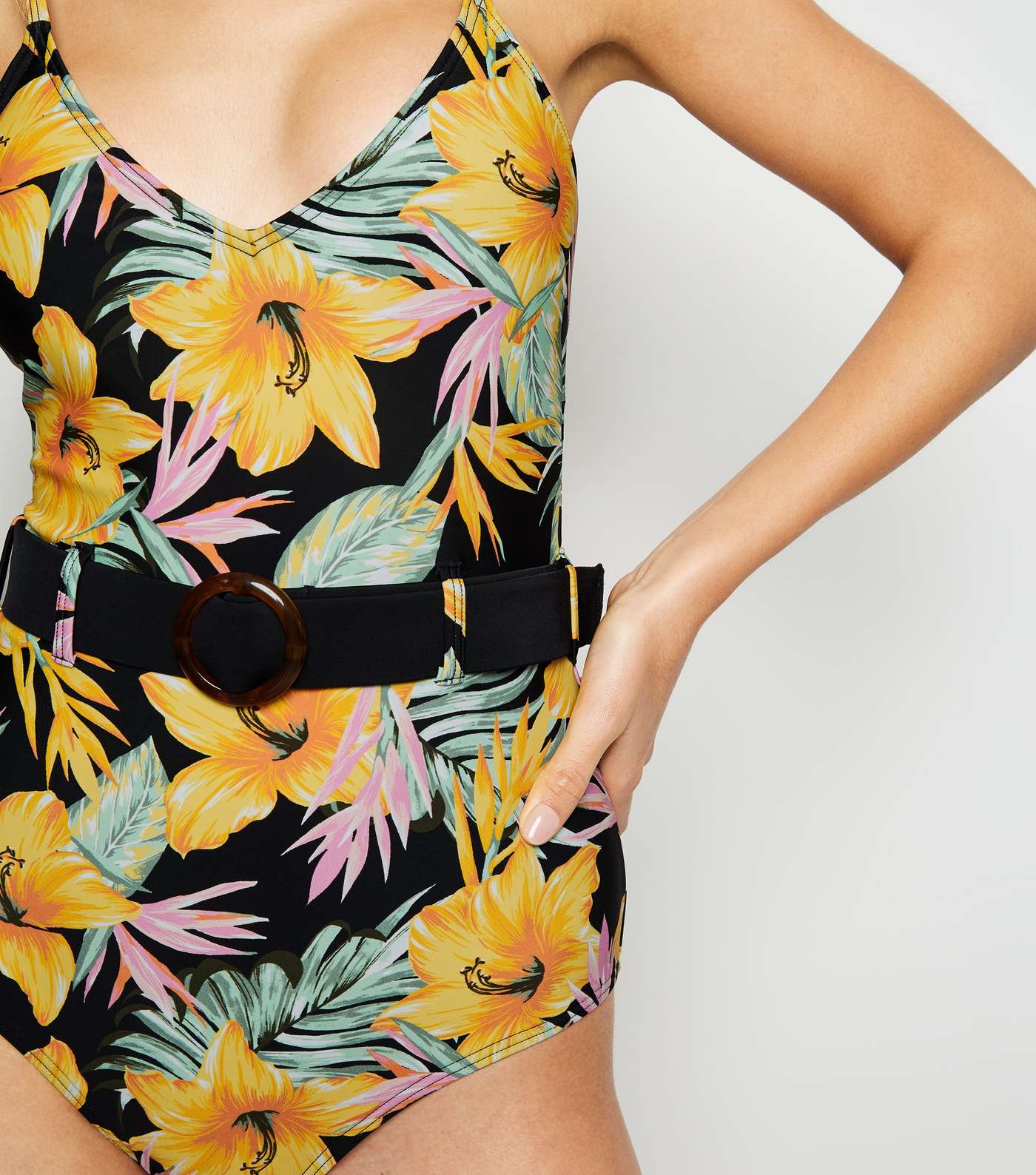 Black Tropical Print Belted Swimsuit Image 4