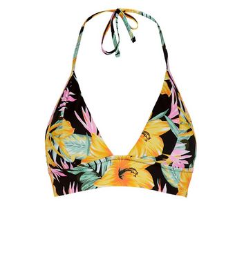 Black Tropical Print Triangle Bikini Top | New Look