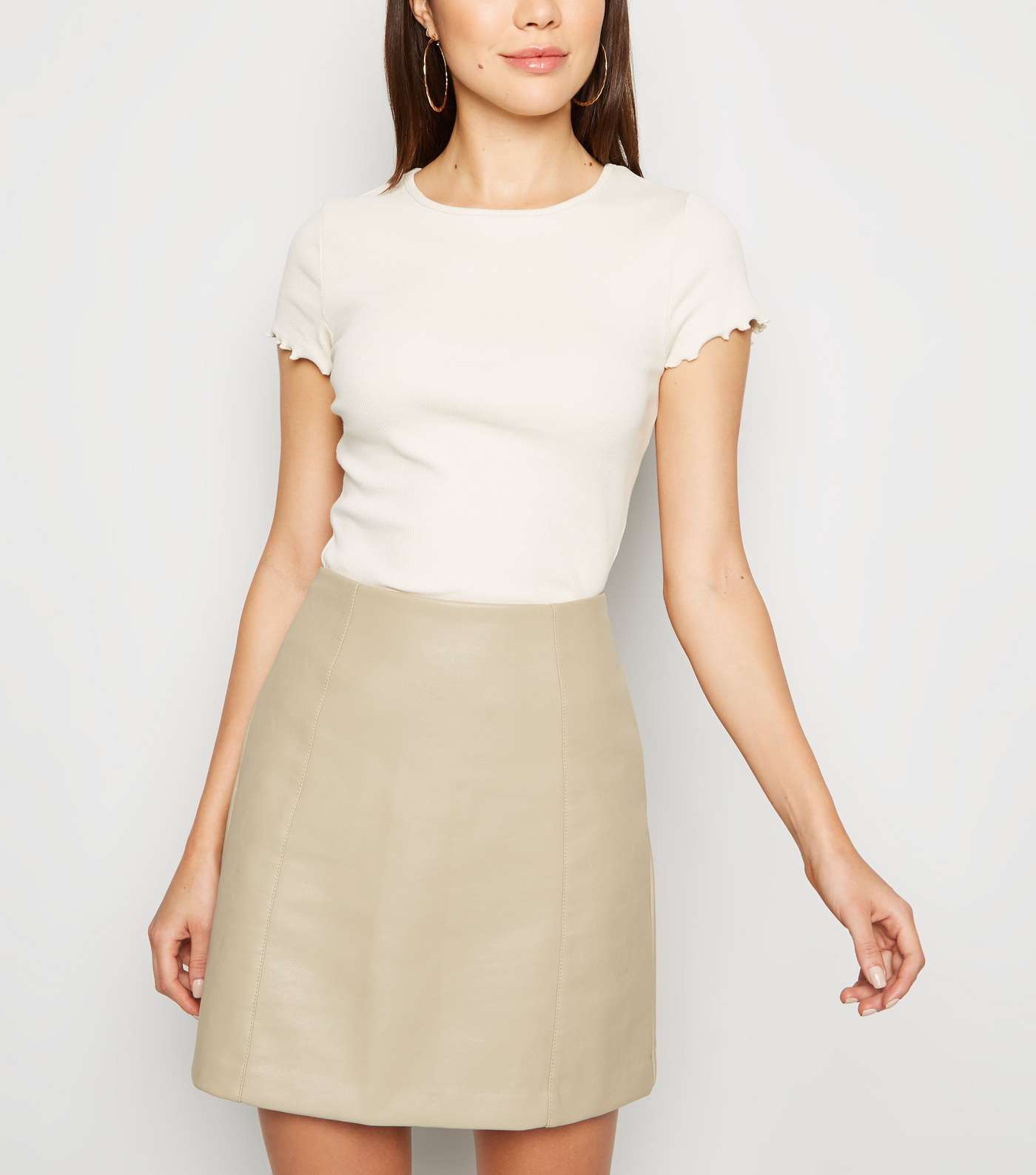 Cream Coated Leather-Look Mini Skirt 