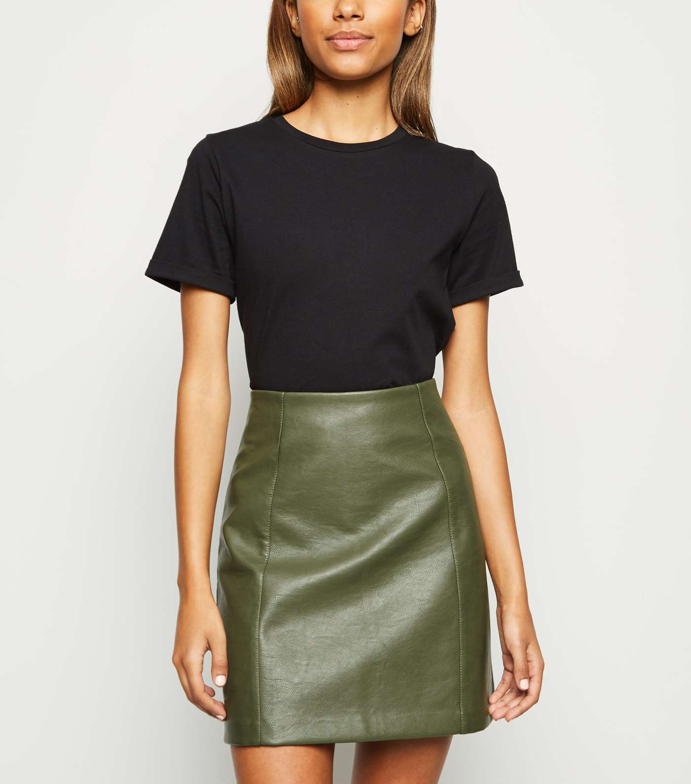 Khaki Coated Leather-Look Mini Skirt 