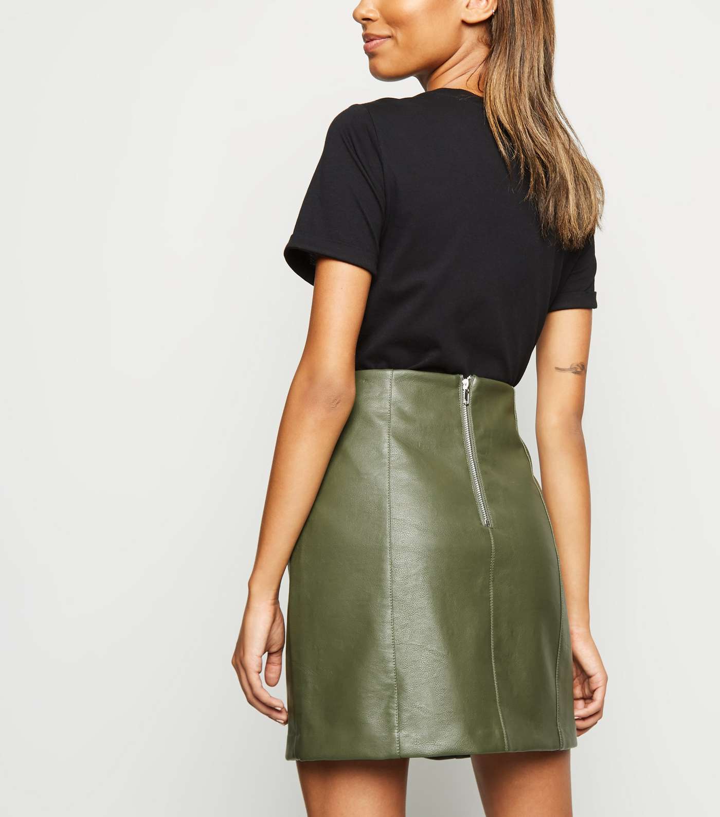 Khaki Coated Leather-Look Mini Skirt  Image 3