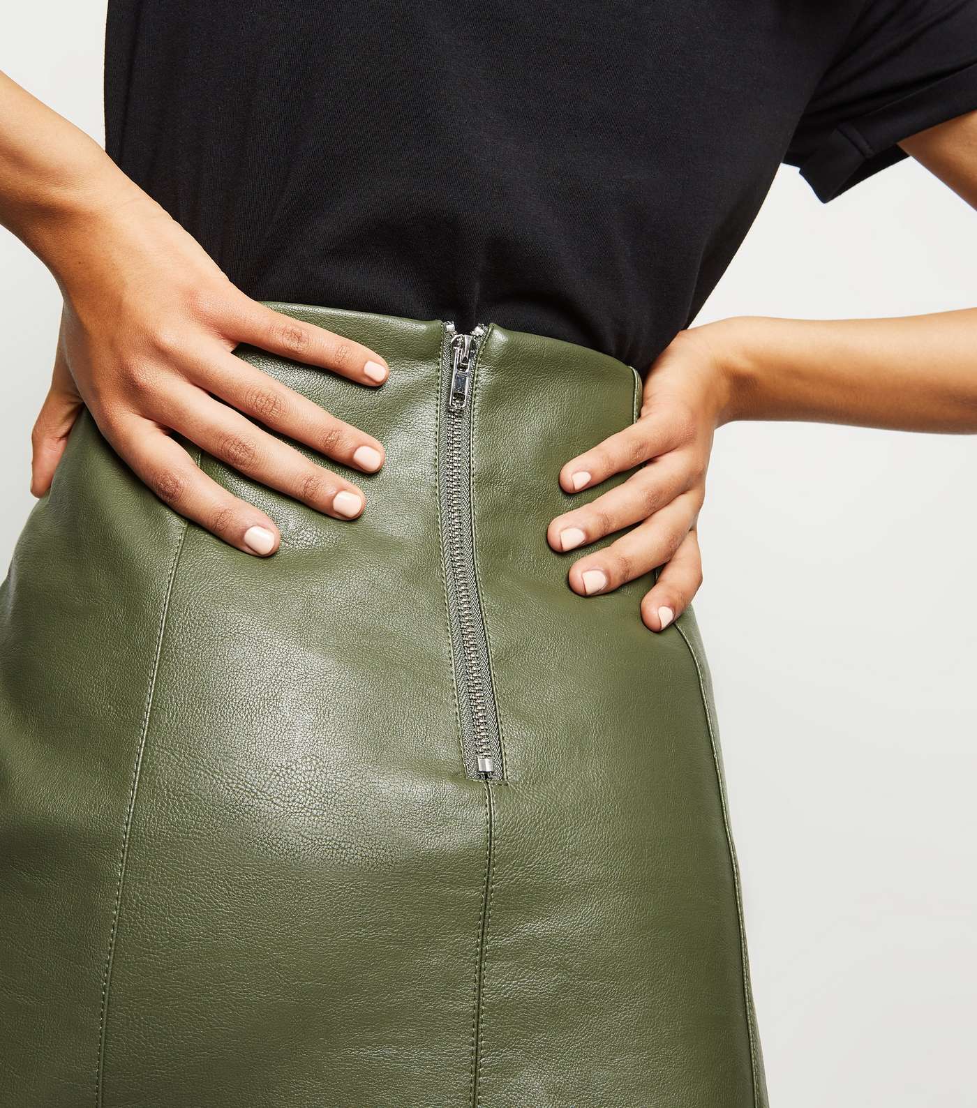 Khaki Coated Leather-Look Mini Skirt  Image 5