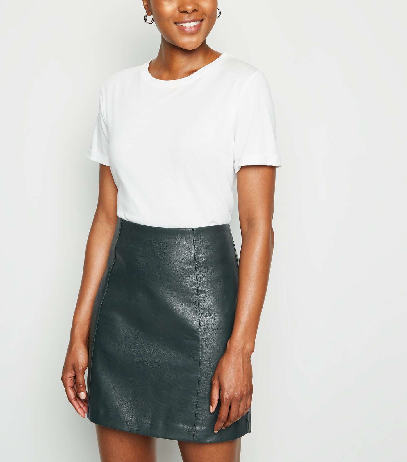 Dark Green Coated Leather-Look Mini Skirt 