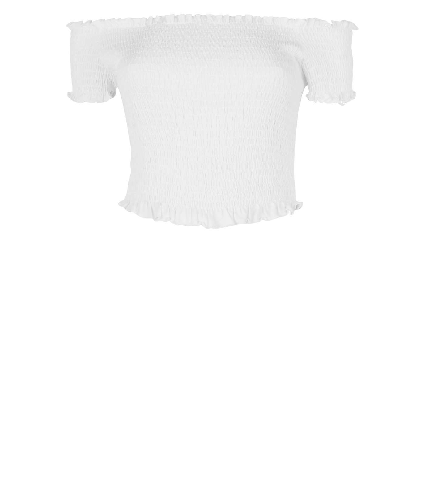White Shirred Frill Trim Bardot Top Image 4