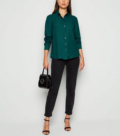 Dark Green Chiffon Long Sleeve Shirt