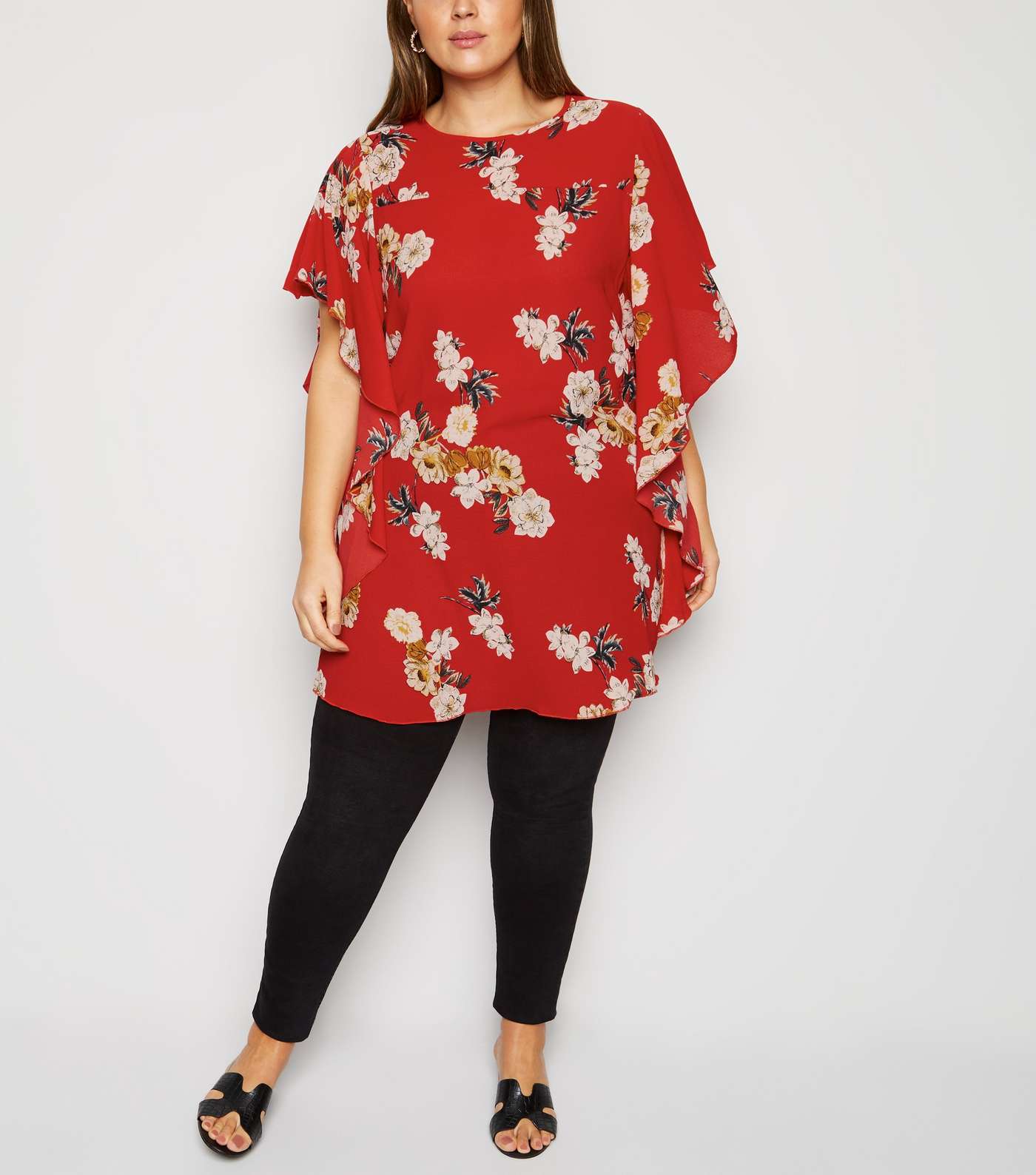 Mela Curves Red Floral Waterfall Sleeve Blouse Image 2