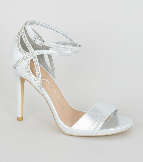 Wide Fit Silver Shimmer Diamanté Strap Stilettos