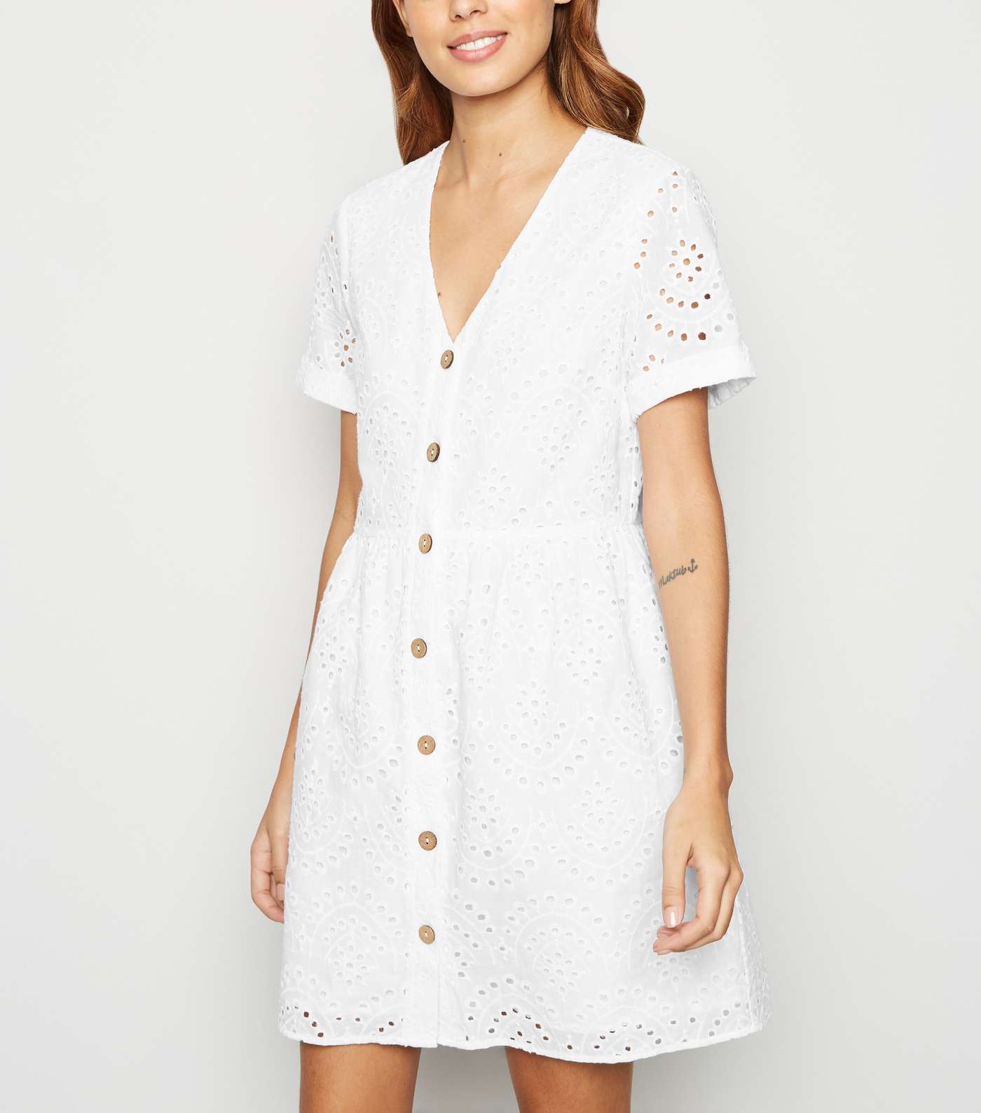 White Broderie Button Up Smock Dress