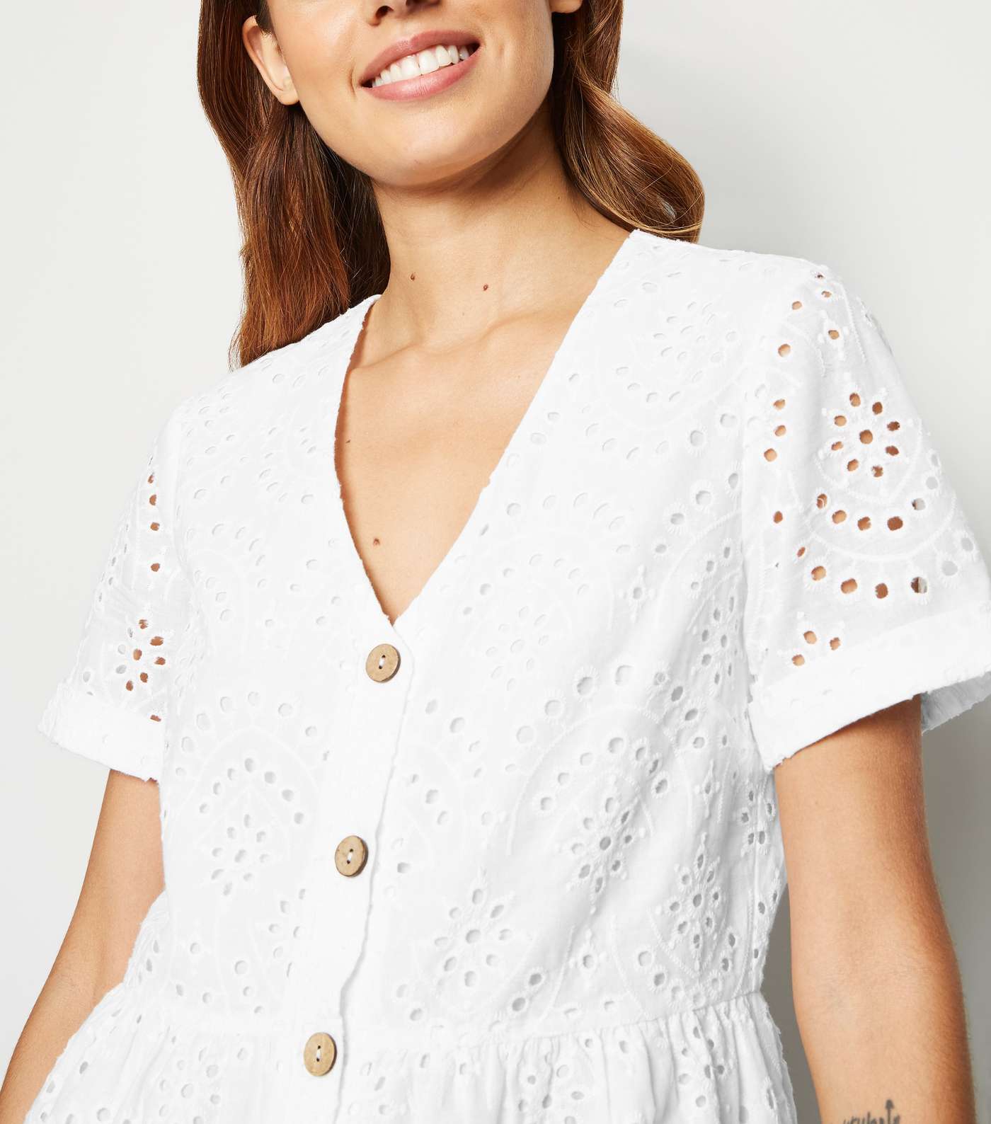 White Broderie Button Up Smock Dress Image 5