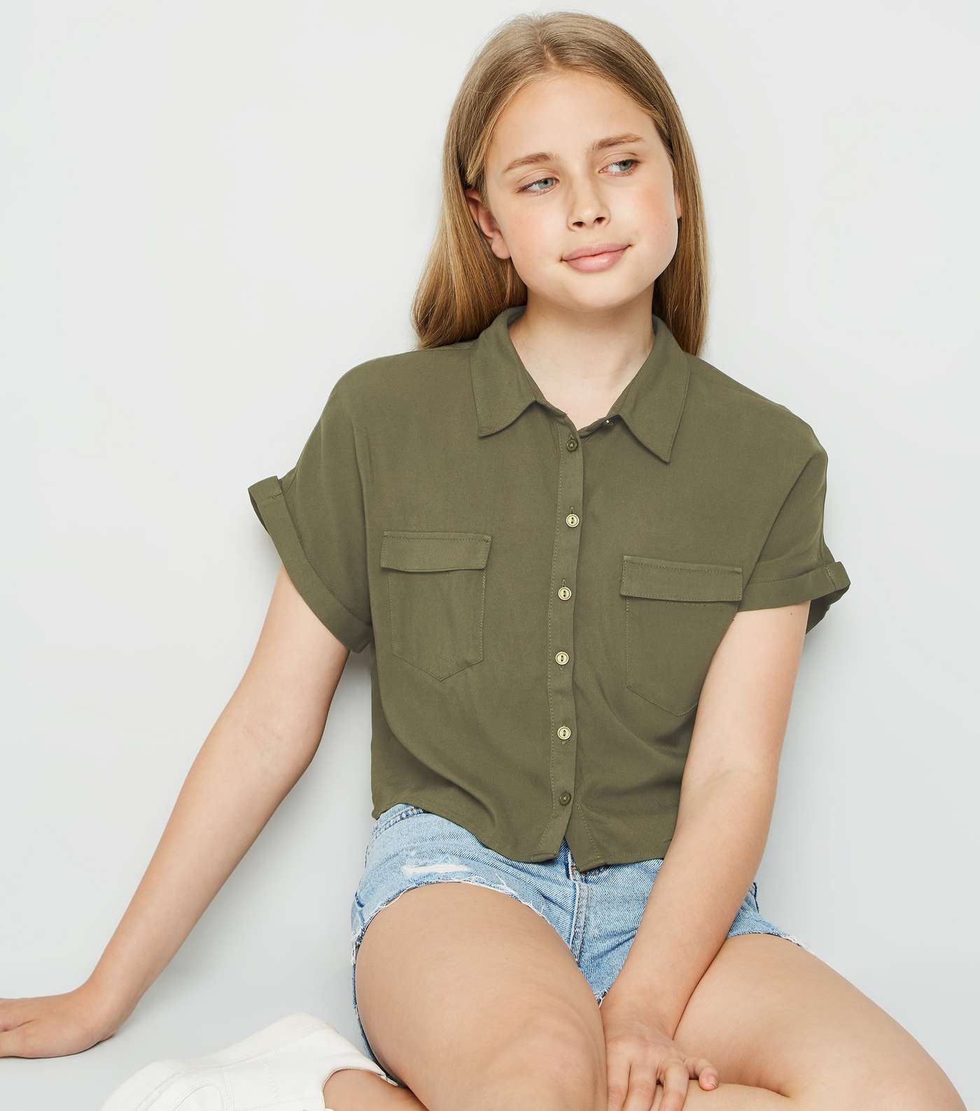 Girls Khaki Short Sleeve Boxy Shirt Image 3