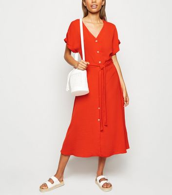 Red Herringbone Button Up Midi Dress New Look