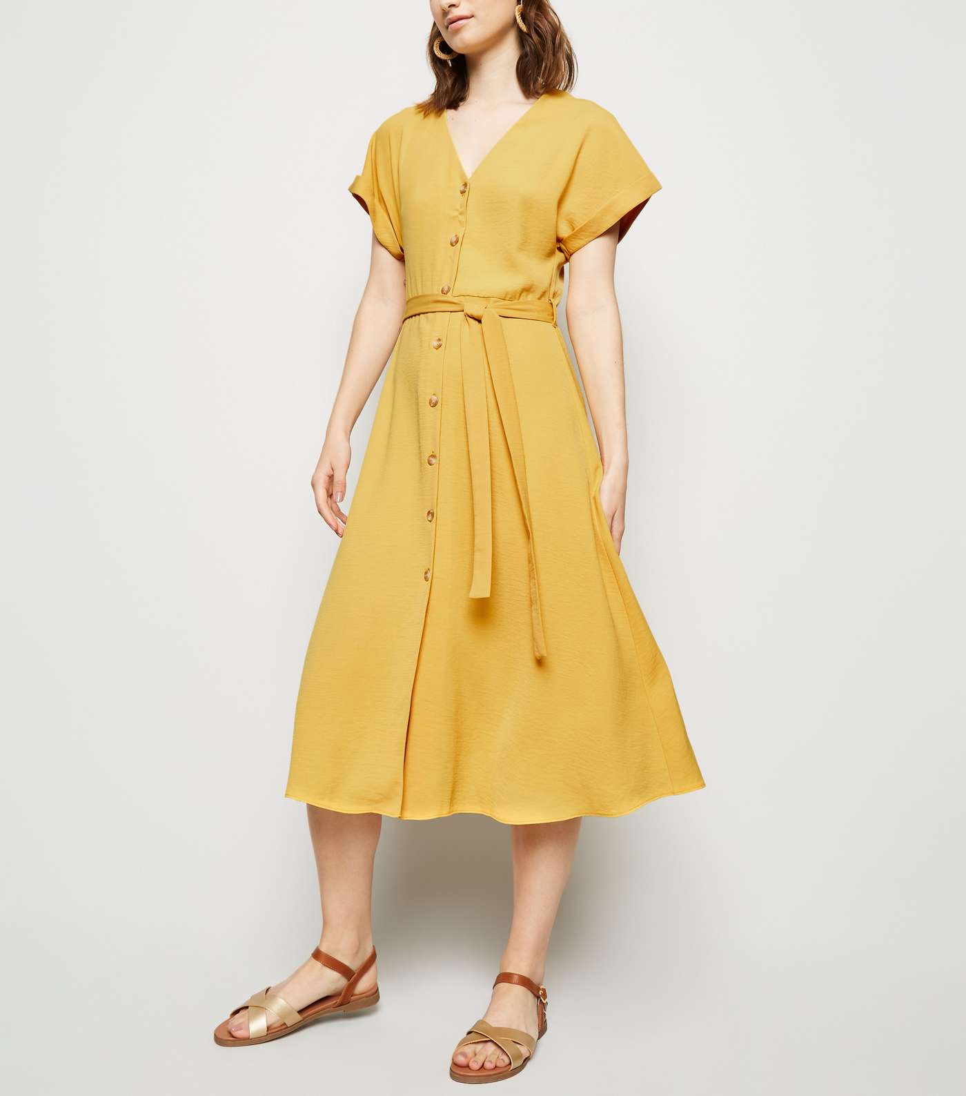 Yellow Herringbone Button Up Midi Dress Image 5