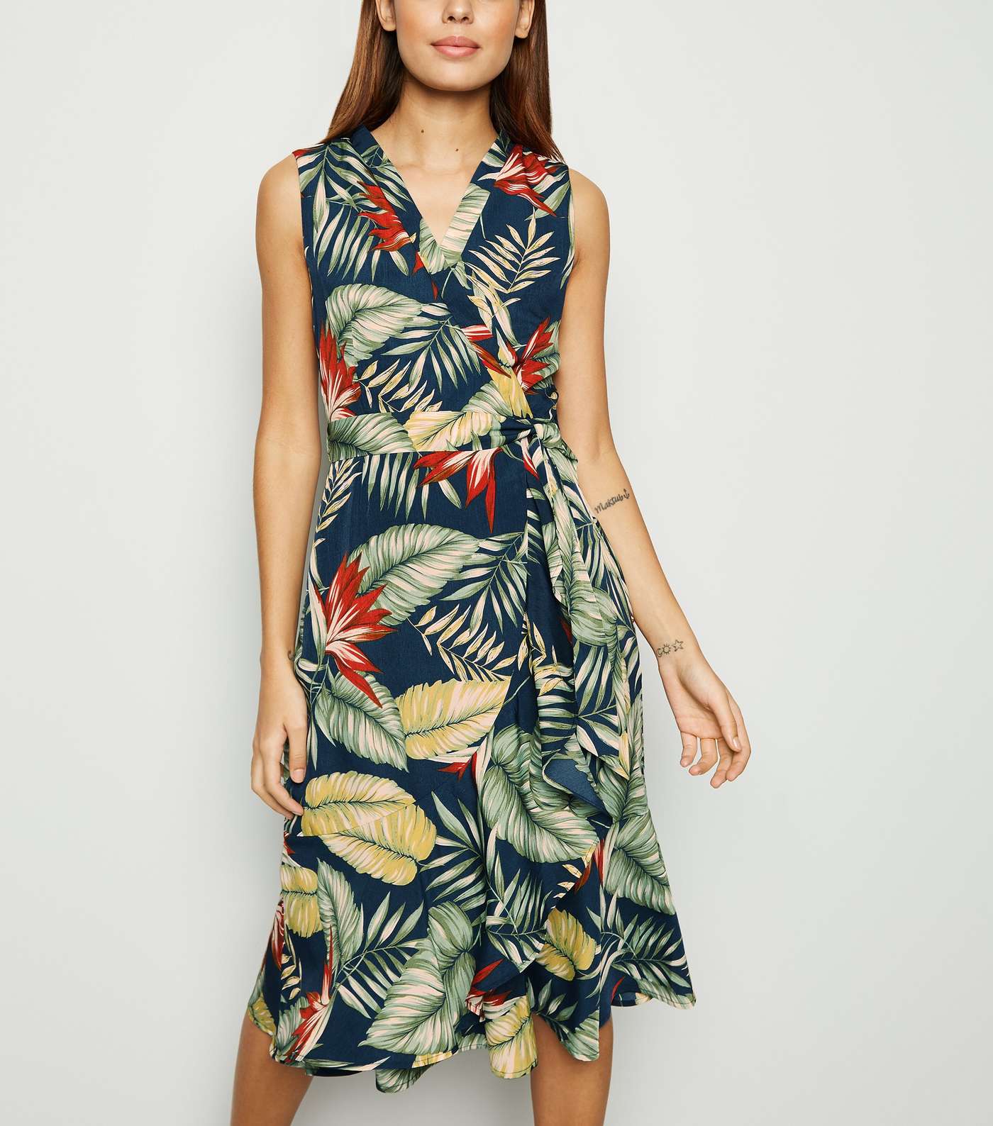 Mela Blue Tropical Leaf Wrap Midi Dress Image 3