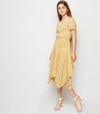 yellow bardot midi dress