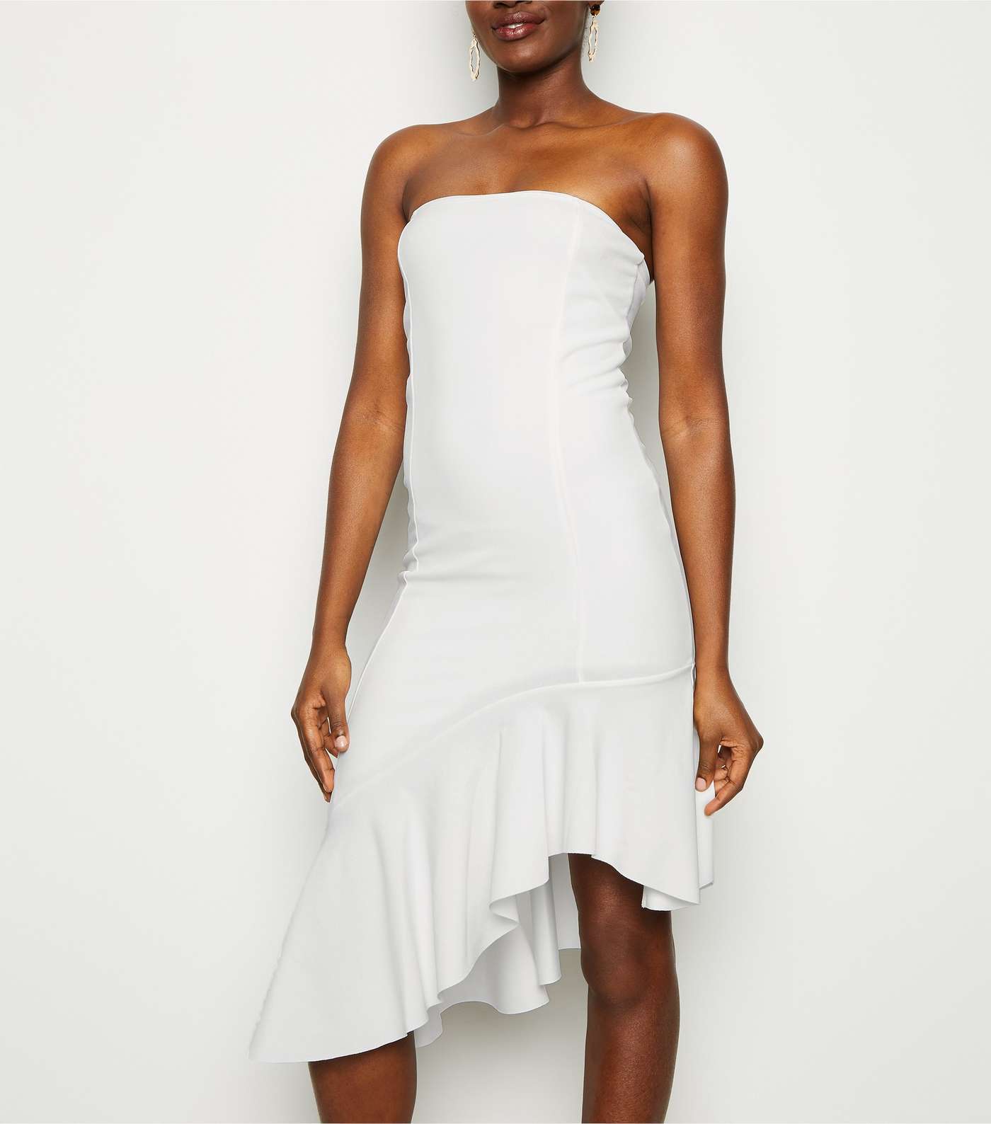 White Asymmetric Hem Strapless Midi Dress