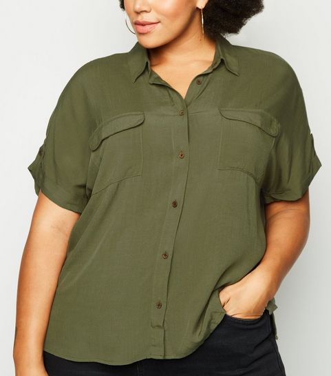 Curves Khaki Double Pocket Short Sleeve Shirt