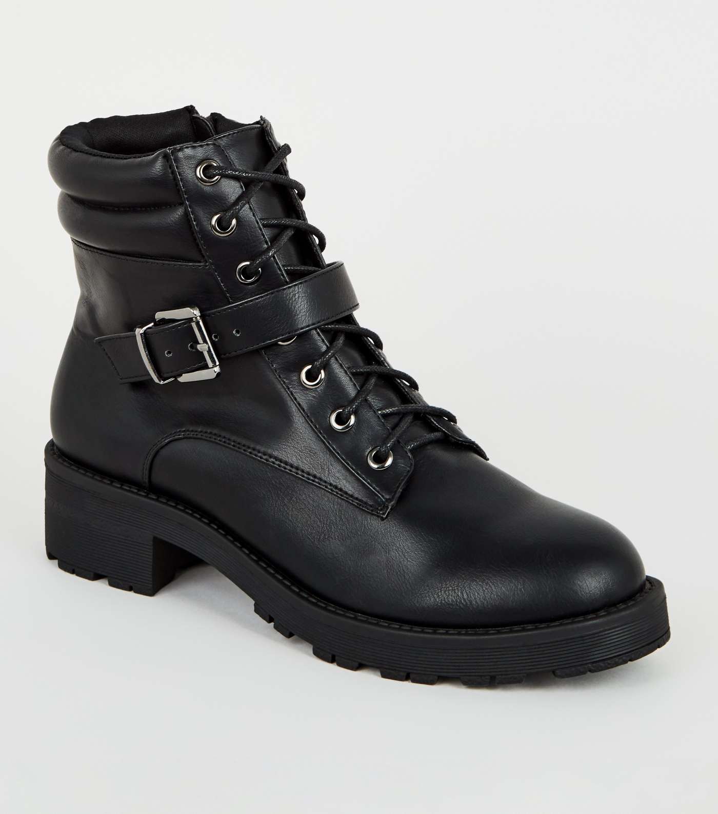 Black Leather-Look Lace Up Hiker Boots