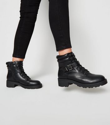 Black Leather-Look Lace Up Hiker Boots 