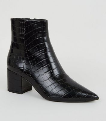 new look lace up flat boots in black croc