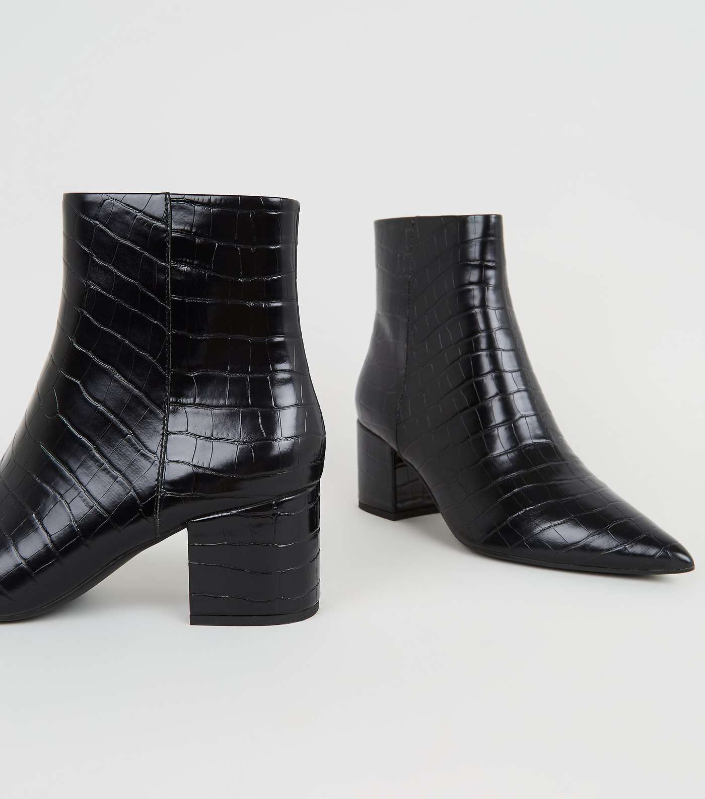 Black Faux Croc Pointed Ankle Boots Image 3