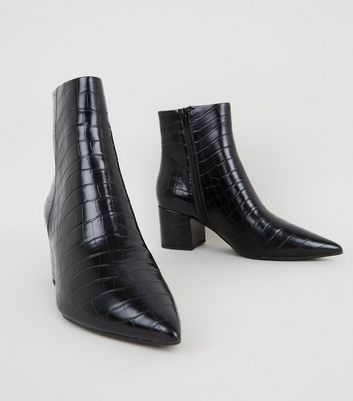 black croc pointed ankle boots