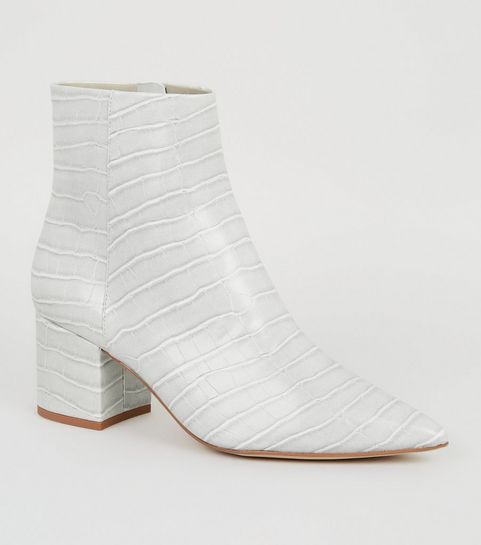 Grey Faux Croc Pointed Ankle Boots